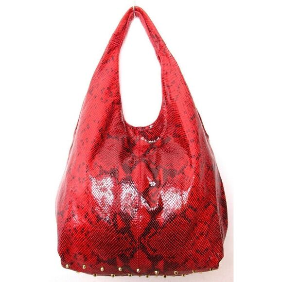 LRG WORTH NEW YORK STUDDED SNAKE PRINT RED GENUINE LEATHER SHOULDER BAG HANDBAG - Picture 2 of 12
